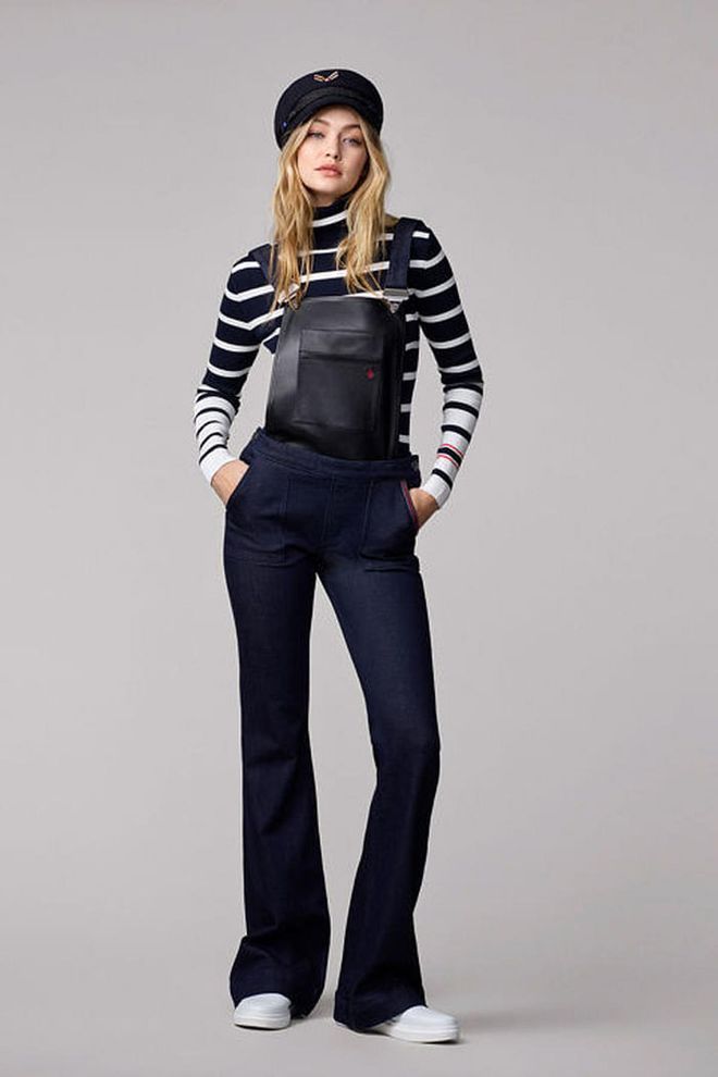 Nautical hat, skinny-rib roll-neck sweater, dungarees and slip-on sneakers