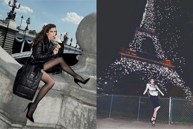 From left: Model Sara Sampaio in Bottega Veneta underneath the Pont Alexandre III bridge (October 2019); and model Kristina Salinovic in Lanvin in front of a glittering Eiffel Tower (September 2012)