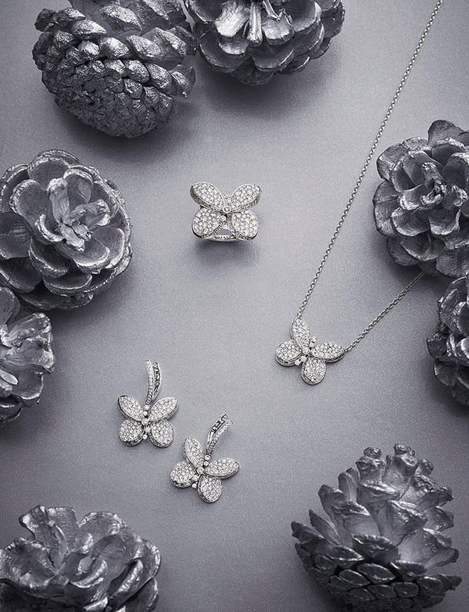 GRAFF PRINCESS BUTTERFLY COLLECTION: White gold, and round and baguette diamond ring; pendant; earrings (from $12,000) 