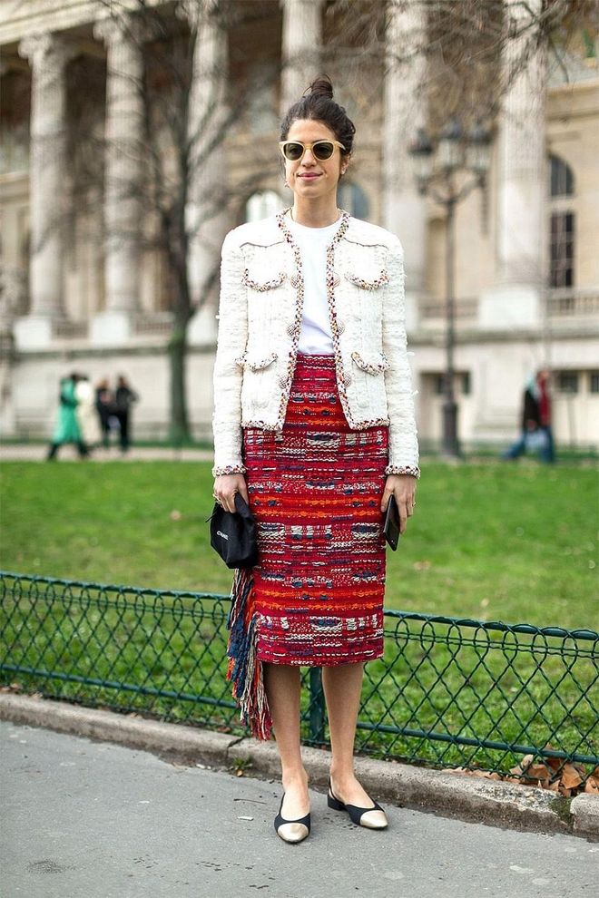 Never underestimate the power of bouclé. Leandra Medine's tweed pencil skirt and jacket shows that classic pieces have the ability to look utterly modern when a plain white tee is put in the mix. Photo: Diego Zuko