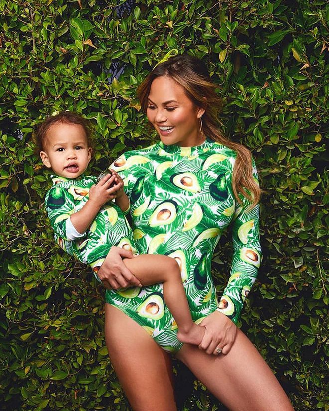 American model, TV personality and cookbook author Chrissy Teigen is a perfect match with daughter, Luna. This picture was taken for her cookbook photoshoot, where they are wearing matching avocado bodysuits.

Photo: Instagram