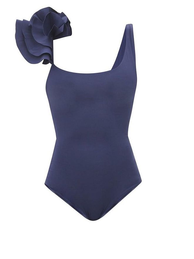 Tasi Ruffled-Shoulder Square-Neck Swimsuit, $309, Maygel Coronel at Matchesfashion