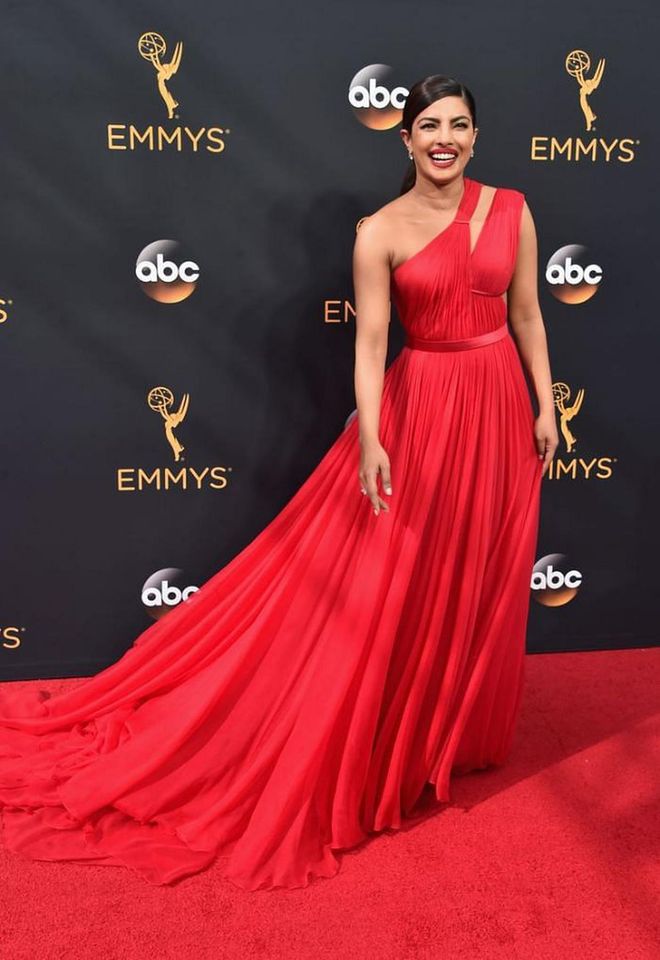 In a red Jason Wu gown at the 2016 Emmy Awards.

Photo: Getty