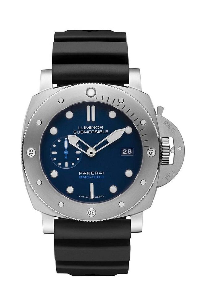 Created from an innovative metallic glass composite called BMG-Tech that's durable, fade- and scratch-resistant, and lightweight, the latest Panerai Luminor is everything a dive watch aspires to be. It features a "time of immersion" function that's super legible thanks to the Super-LumiNova against the blue dial, and the underwater "instrument" is water-resistant to 300 meters.