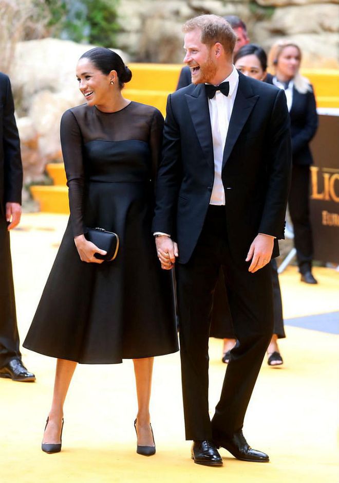 Meghan Markle made her first red carpet appearance with Prince Harry at 'The Lion King' premiere in London since the birth of baby Archie. She wore a stunning full-skirted dress by Jason Wu with sheer panels, pairing it with Aquazzura slingback pumps and a Gucci Broadway clutch. She also accessorised with Nikos Koulis earrings. 