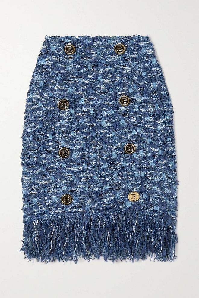 Balmain Button-embellished fringed tweed mini skirt