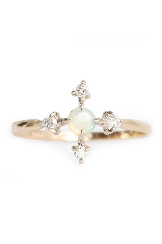 "Moon Flower" ring featuring 14kt gold with opal and diamonds, $594, catbirdnyc.com.
