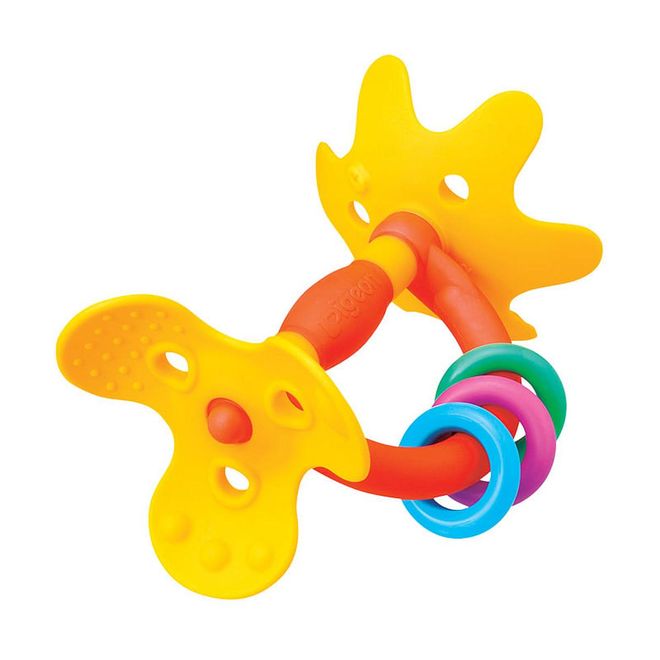 From the age of three months, babies will start to recognise sounds and will move their head to locate the sound. The colourful plastic rings on this toy make a rattling sound—one that is soft enough to provoke interest rather than panic—as soon as it is moved.