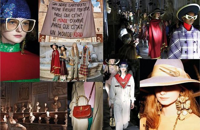 This season, Alessandro Michele gave new meaning to the term “statement piece” with a collection literally embedded with political messages. Who can forget the gown with a uterus embroidered front and centre? Then there was the purple pantsuit that bore the tag line “My Body, My Choice”, as well as other references to the pro-choice movement, such as a cape emblazoned with the date a law protecting women’s reproductive rights in Italy was established. Staged in darkness at Rome’s Musei Capitolini—considered the world’s first museum—the models were visible only by the light of handheld torches. The Roman influence was palpable, in togas draped over chequered suits, gold-wrought accessories and clergy-style detailing. Alongside, Michele proposed quintessential Gucci prints on silhouettes from the ’70s—fitting, given the decade’s feminist relevance. A cameo from Mickey Mouse kept things fun in spite of the serious messages. As with any good activist, Michele included a call to action, in the form of a t-shirt printed with the logo of Gucci’s foundation for gender equality, Chime for Change, with the full proceeds from the sale of the tee going towards supported charities.  
