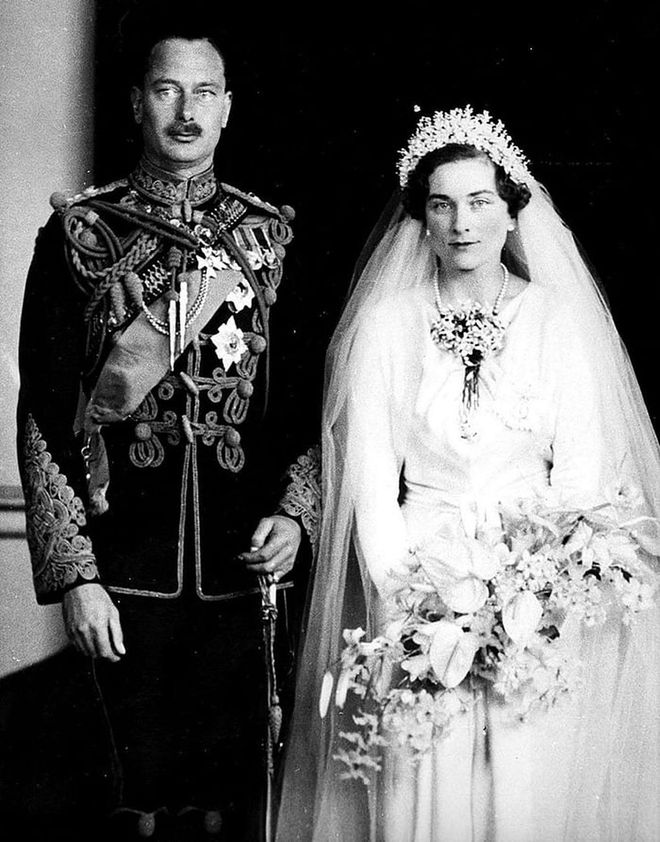 Alice didn't actually wear a tiara to her royal wedding to Prince Henry, Duke of Gloucester. Instead, she wore a crystal headdress that attached to her tulle veil. The wedding was an unexpectedly somber occasion because Alice's father died only weeks before the ceremony.