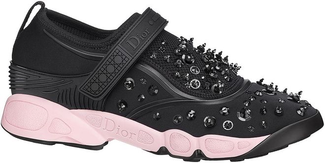 Sneaker in black neoprene embellished with “Constellation” embroidery, pink rubber sole