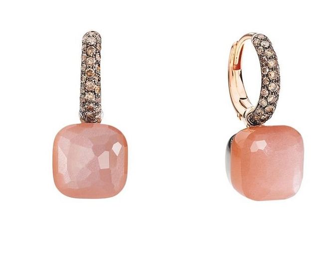 Rose gold, white gold, moonstone and brown diamond Nudo Chocolate earrings. (Photo: Pomellato)