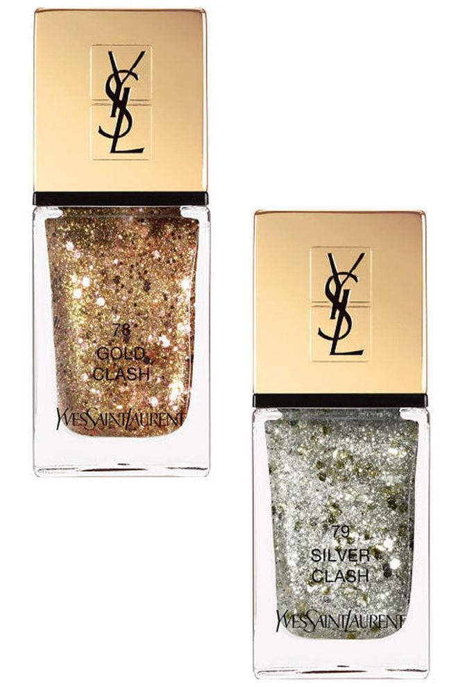 Update an everyday manicure with sophisticated, sparkly shades from YSL.
Yves Saint Laurent Beauté La Lacque Couture in Gold Clash and Silver Clash, $28 each, nordstrom.com. 