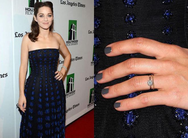 Though she has yet to confirm her engagement to partner Guillaume Canet, Cotillard has sported an understated diamond on her ring finger since late 2010.

