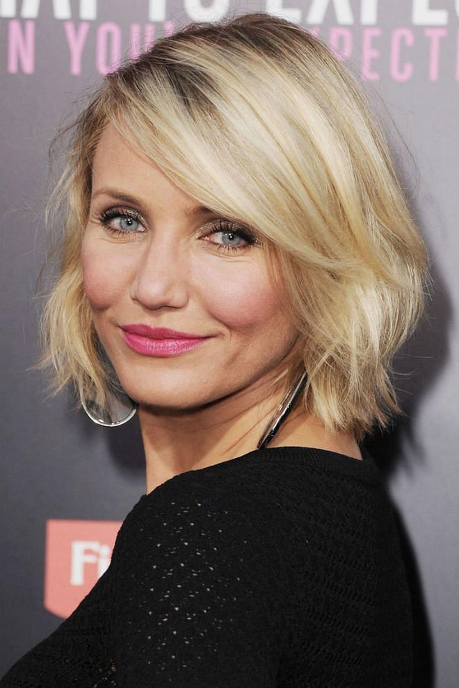 The easiest way to volumize your hair is to debut a shorter length. Cameron Diaz's sweeping bangs, dimensional color, and tousled texture don't hurt either.