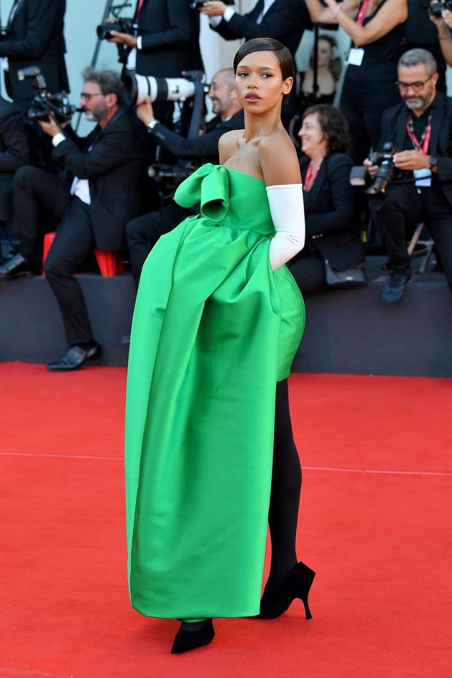 Taylor Russell in look 54 from Demna’s second Balenciaga haute couture collection at the Venice Film Festival. DCHARRIAU
