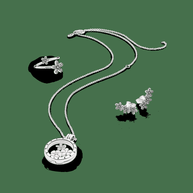 (From left) Dazzling Daisies ring, $99; PANDORA Medium Locket Necklace, $179; Poetic Blooms Petites Locket charms, $69; Dazzling Daisy Clusters stud earrings, $99