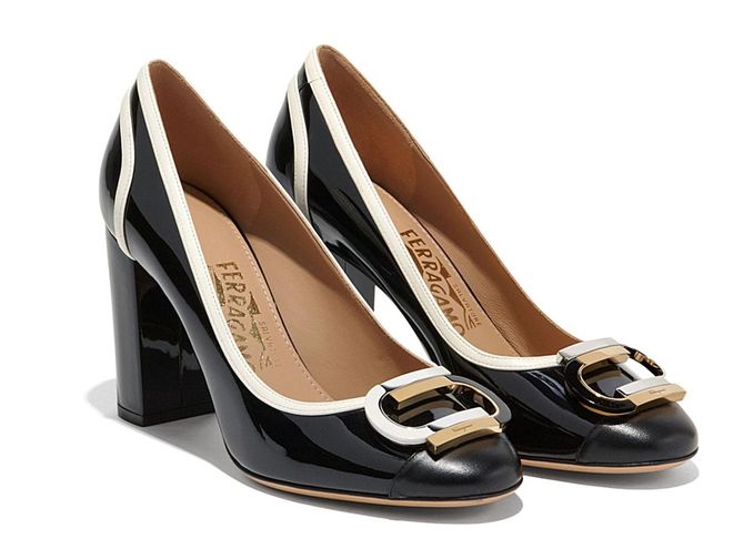 Ferragamo's monochrome court shoe with its famous buckle is a great investment shoe that has been made and worn for years.