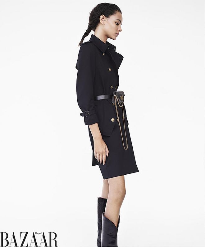 Givenchy trench coat, belt, bag, and boots