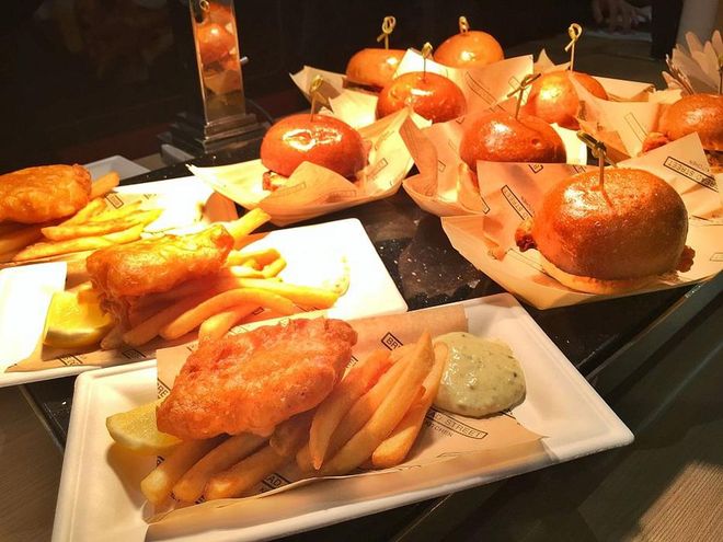 Traditional fish &amp; chips, $14, and pork crackling sliders, $12, Bread Street Kitchen