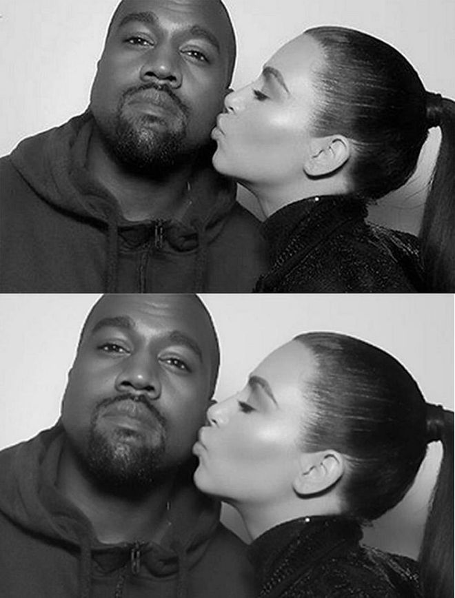 She was caught out when someone uploaded the top picture of her and Kanye West at Kendall's 20th birthday party - only for Kim to later upload the same pic, sans chin shadow and flyaways. Photo: @kanyewest