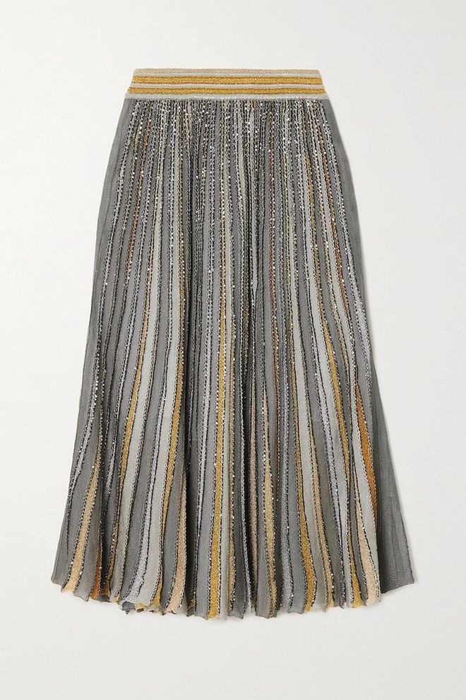 Pleated Sequin-Embellished Metallic Crochet-Knit Midi Skirt, $1,920, Missoni at Net-a-Porter
