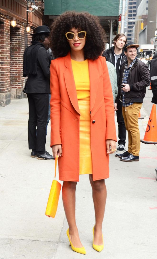 This might just be the ultimate Solange outfit. It combines three of her favorite things: yellow, orange, and stylish sunglasses.