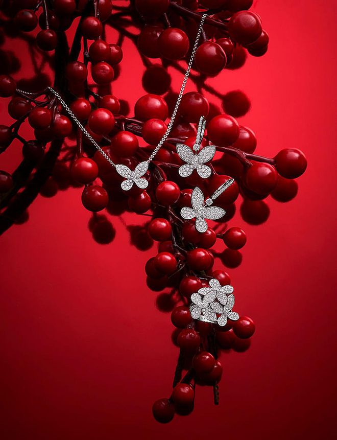 GRAFF PAVÉ BUTTERFLY COLLECTION: White gold, and round and marquise diamond pendant; earrings; ring (from $9,000) 