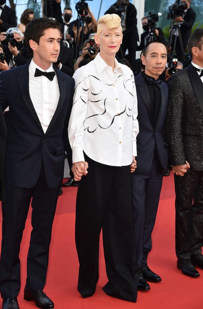 Juan Pablo Urrego, Tilda Swinton and Apichatpong Weerasethakul attend the final screening of "OSS 117: From Africa With Love" and closing ceremony during the 74th annual Cannes Film Festival on July 17, 2021 in Cannes, France. (Photo: Dominique Charriau/WireImage)