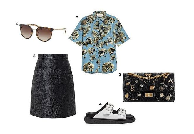 1. Sunglasses, Michael Kors Collection 2. Shirt, H&amp;M 3. Bag, Chanel 4. Sandal, Isabel Marant at Matchesfashion.com 5. Skirt, Carven