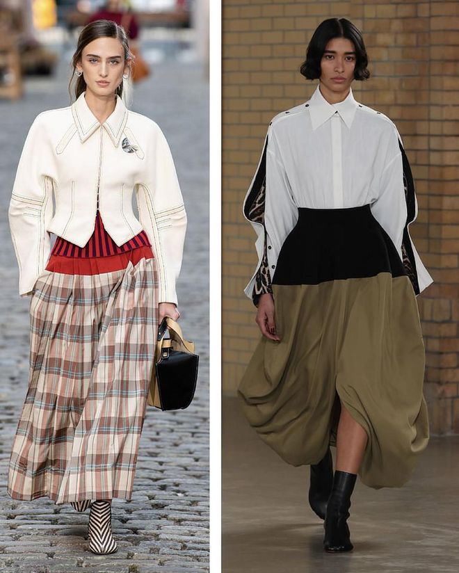Left: Tory Burch, Spring 2022. Right: Proenza Schouler, Fall 2022. Both are deft references to Claire McCardell, the female entrepreneur and American sportswear pioneer who realized women have to actually work in their workwear. (Photos: Getty Images)
