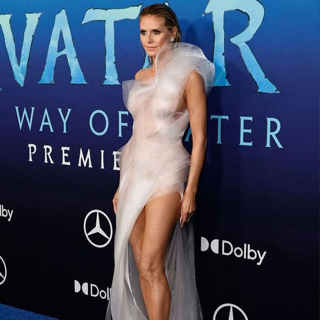 Heidi Klum's silver gown at the U.S. premiere of Avatar: The Way of Water.