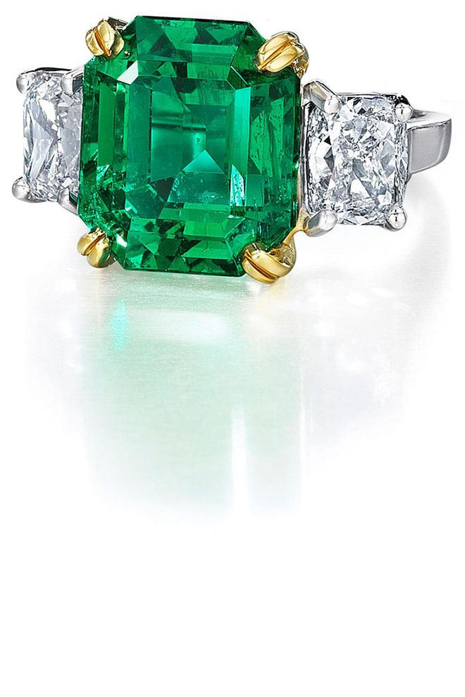 Gold, platinum, emerald and diamond ring, price upon request, oscarheyman.com.
