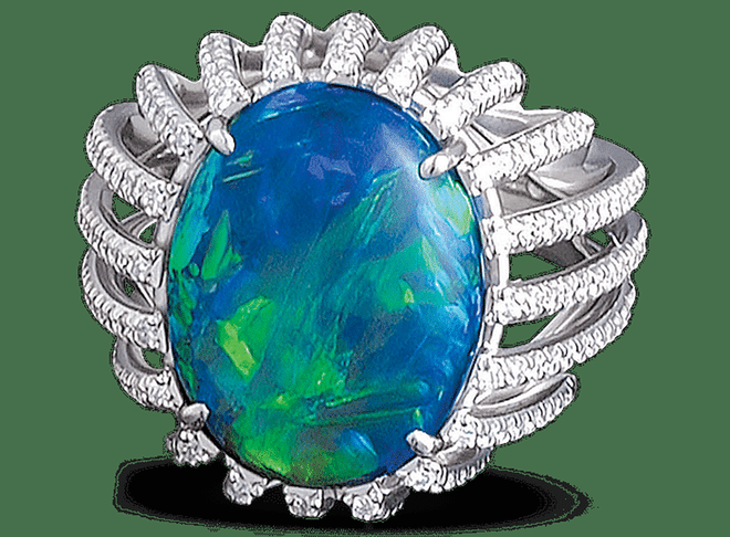 Black opal and white diamond ring, $66,000, rauantiques.com.