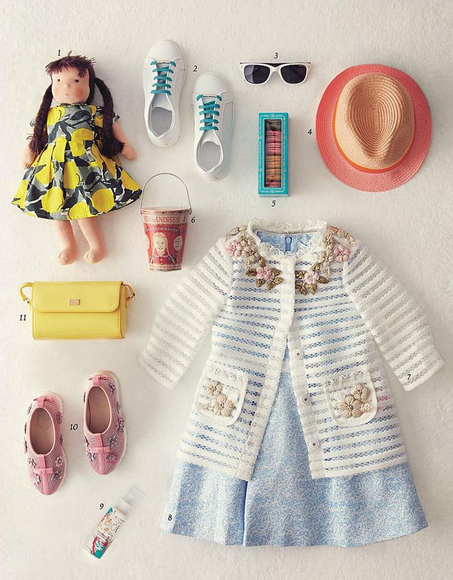 1. Plush doll, $290; Lemon dress (on doll), $280, Bonpoint 2. Sneakers, $540, Baby Dior 
3. Sunglasses, $130, Zoobug London at Kids 21 4. Hat, $110, Paul Smith Junior 5. Macarons, 
$2 each, TWG Tea Salon & Boutique 6. Candies, $25, La Cure Gourmande 7. Coat, from $302 onwards, nicholas & bears 8. Dress, from $358 onwards, nicholas & bears 9. Skin Conditioner, $39.90, C’est Moi at Hamleys of London 10. Sneakers, $1,000, Baby Dior 11. Bag, $690, Dolce&Gabbana