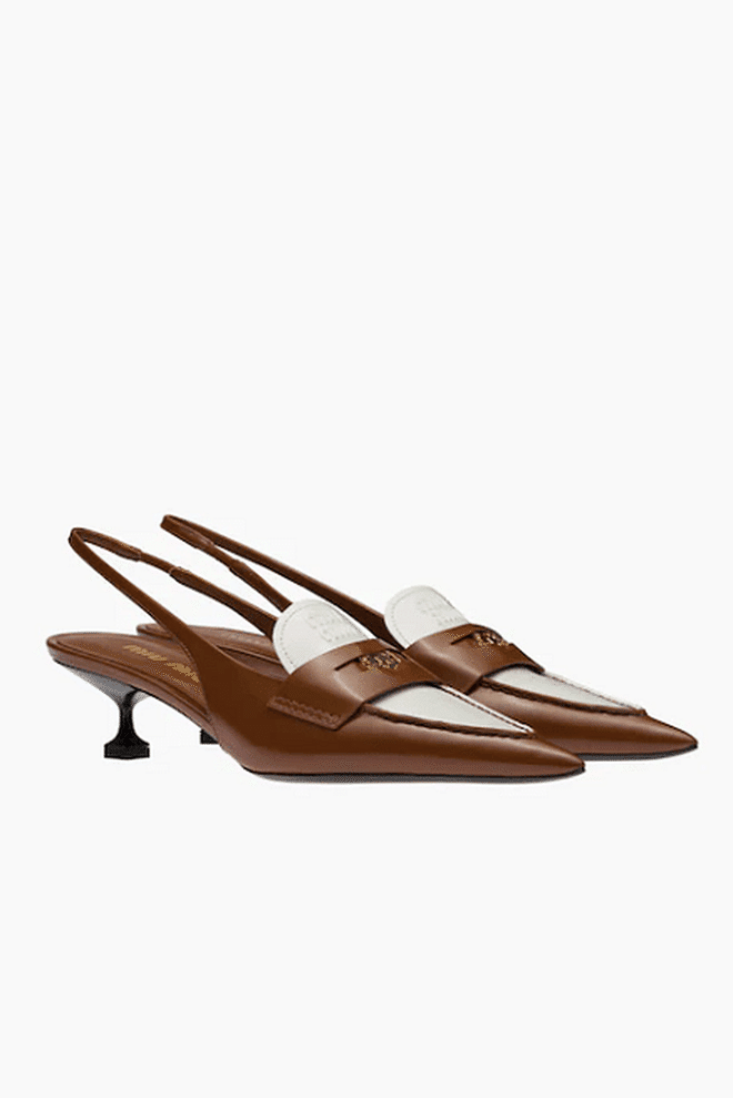 Leather Loafers with Heel, $1,810, Miu Miu
