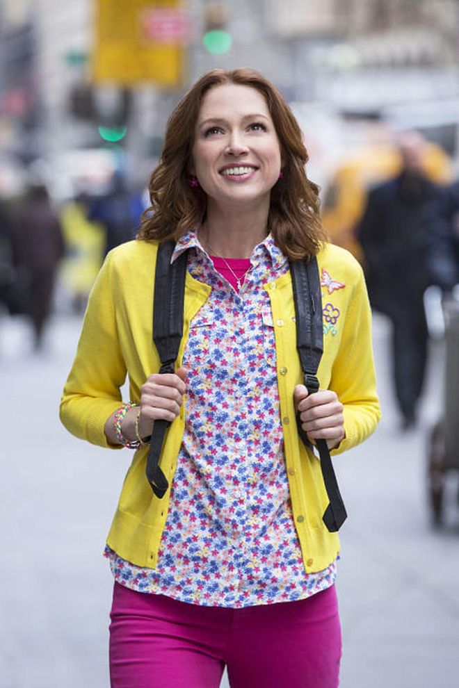 Colored Jeans + Floral Shirt + Bright Cardigan + Backpack = Kimmy Schmidt