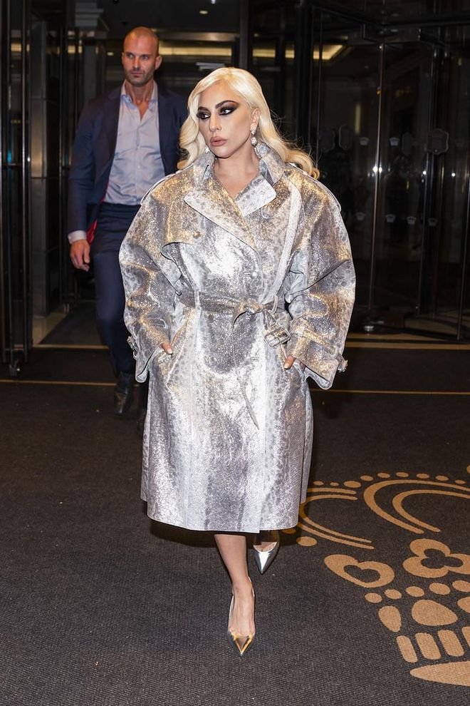 Put Lady Gaga's Silver Trench On Your Fall Outerwear Mood Board