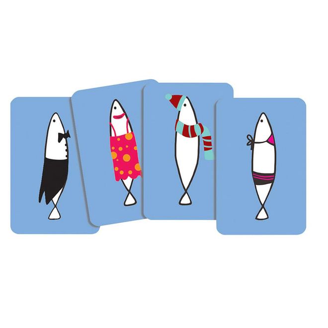 You have 10 seconds to observe the little sardines on the card, memorise them and find them from your own hand of five cards. It features 50 colourful cards and tests both observation and memory.