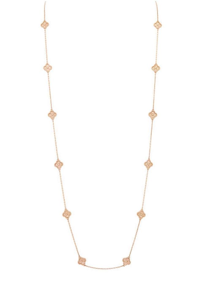 Worn singularly it can be elegant; layered up in a mismatched way it's a touch bohemian. But however you style it, a gold chain is a jewellery-box essential.
Vintage Alhambra 16 motif necklace in pink gold, £5,350, Van Cleef & Arpels