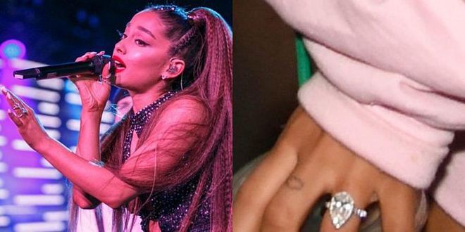 The singer announced her engagement to SNL writer and performer Pete Davidson after only a few weeks of their dating. The couple reportedly took their engagement celebrations to Disneyland this past Monday, where Grande showed off a pear-shaped stunner. While Elle reports that this ring is a Tiffany &amp; Co. engagement ringstarting at $14,500, TMZ reported that the ring was commissioned by New York based jeweler Greg Yuna, and that its price tag is closer to $100,000. According to People, a source close to the couple confirmed nothing about the ring's shape or cost, but did mention it was "big."