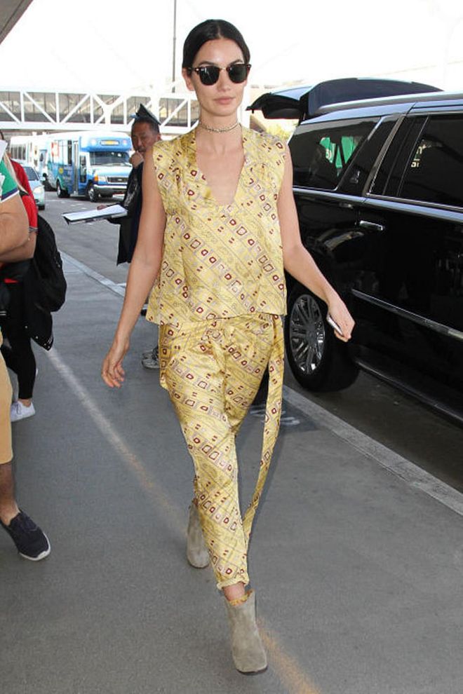 Lily Aldridge made a case for wearing pretty prints while travelling. Photo: Getty