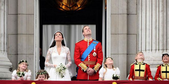 Kate and William gazed skyward as a Lancaster, a Spitfire, and a Hurricane from the RAF flew past to salute the couple.Photo: Getty

