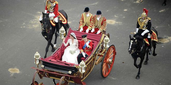 An aerial view of the 1902 Landau carriage carrying William and Kate.Photo: Getty