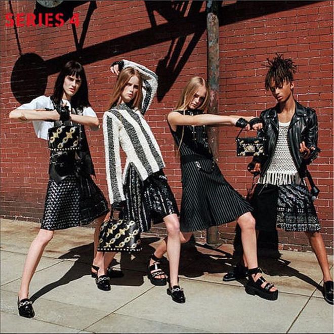 Making a giant leap towards gender neutrality, Louis Vuitton cast Jaden Smith in its Series 4 womenswear campaign—wearing women's clothes. The 18-year old wore a Vuitton pleated skirt, tasseled shirt and leather jacket alongside models Sarah Brannon, Jean Campbell, and Rianne Van Rompae; nonchalantly breaking down gender barriers while doing so.