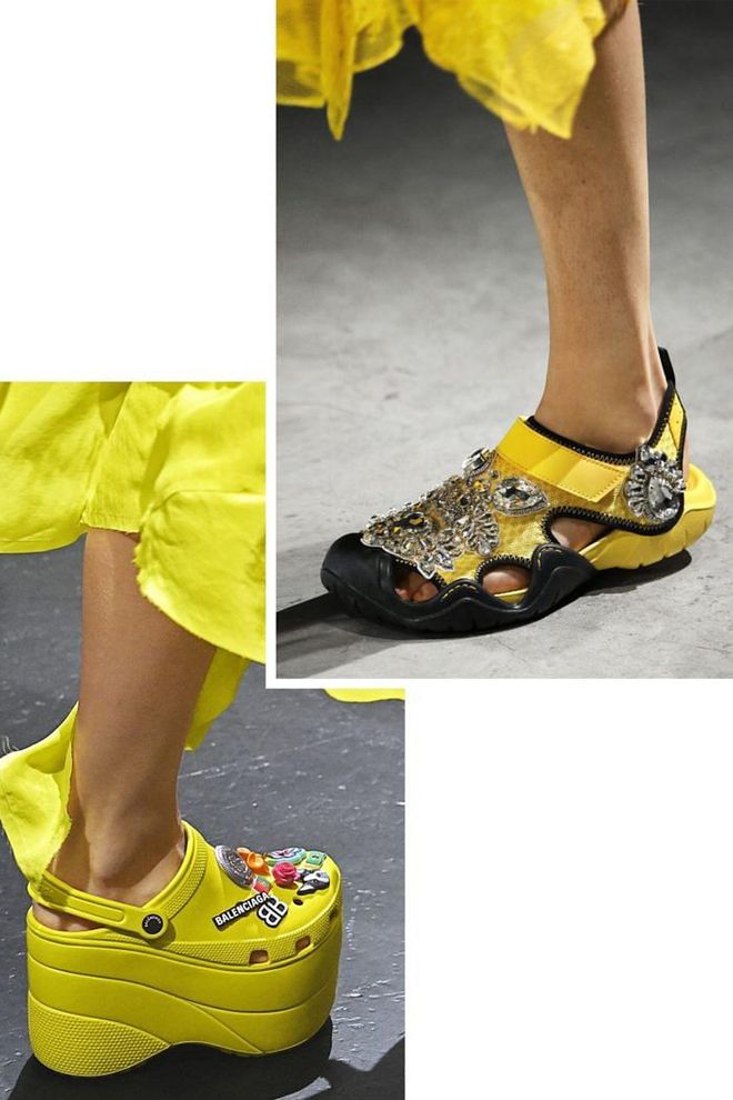 Getty
Demna Gvasalia hit a jolie-laide high with platform Crocs, but Christopher Kane, who showed the plastic clogs a year ago, was one step ahead with crystal-embellished water shoes.

Photo: Getty