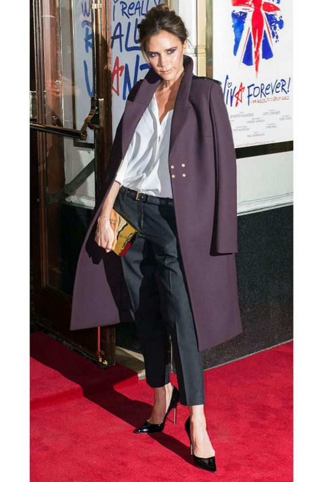 What: Victoria Beckham coat and blouse and Isabel Marant pants. Where: Viva Forever Press Night. Photo: Getty