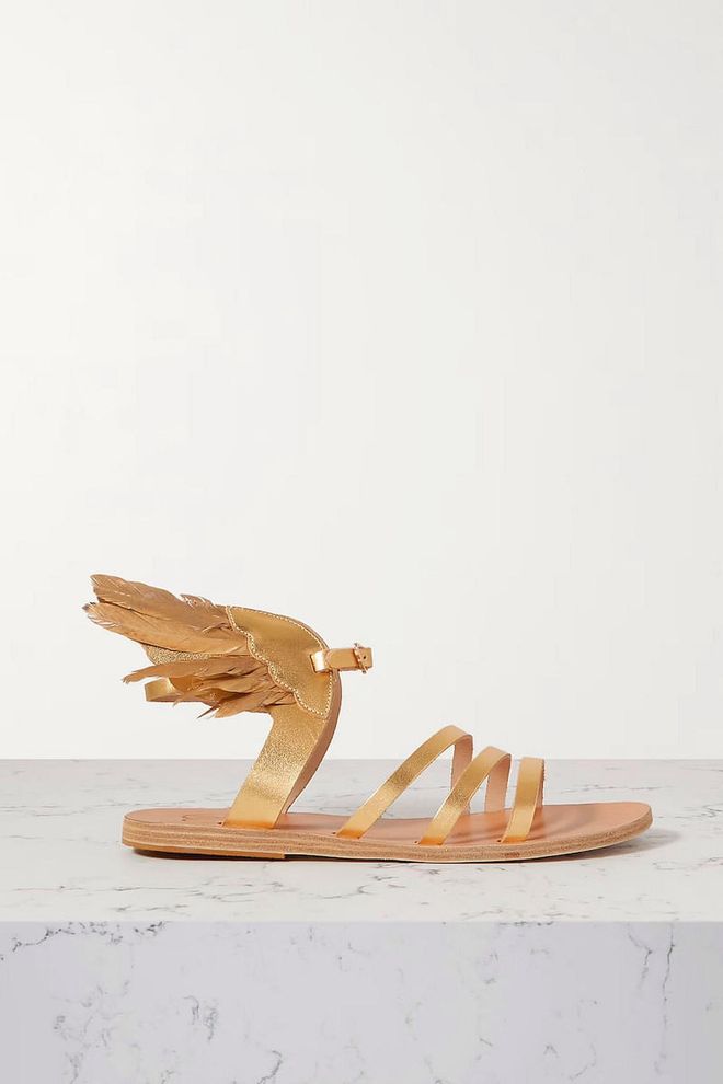 Victory of Samothrace Feather-Embellished Metallic Leather Sandals, $310, Ancient Greek Sandals at Net-a-Porter