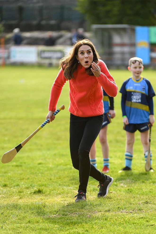 Kate reacts while playing sports during an engagement at Salthill Knocknacarra GAA Club in Galway.

Photo: Getty