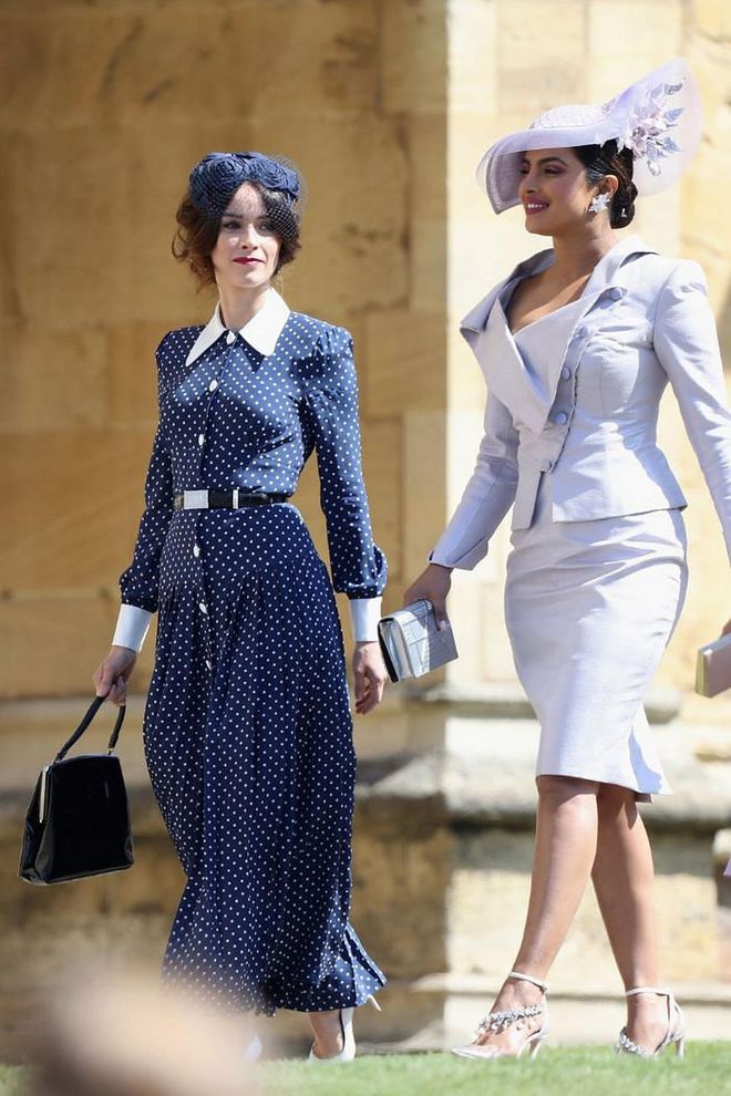 To attend her BFF Meghan Markle's royal wedding to Prince Harry, Chopra stunned in a lavender Vivienne Westwood skirt suit and matching Philip Treacy hat.

Photo: Getty